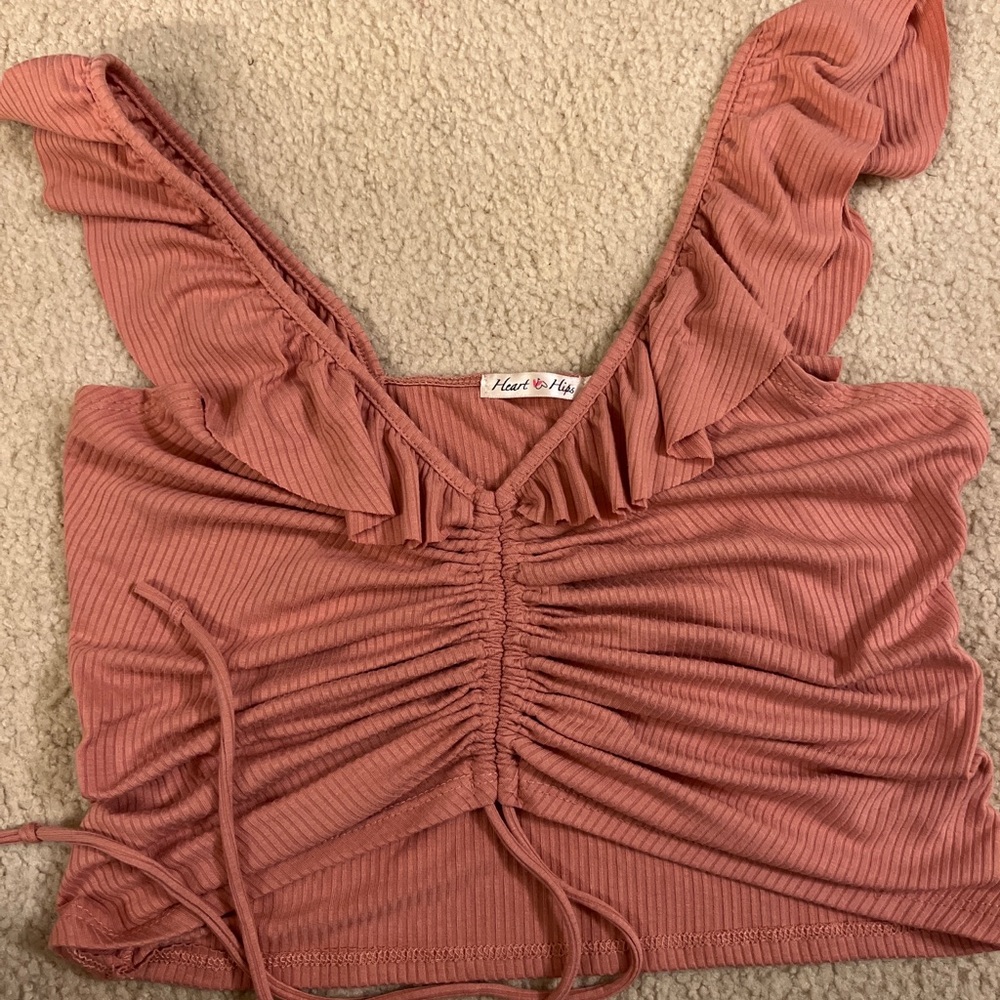 Heart & Hips ribbed crop top cropped shirt ruched flutter sleeves pink large L